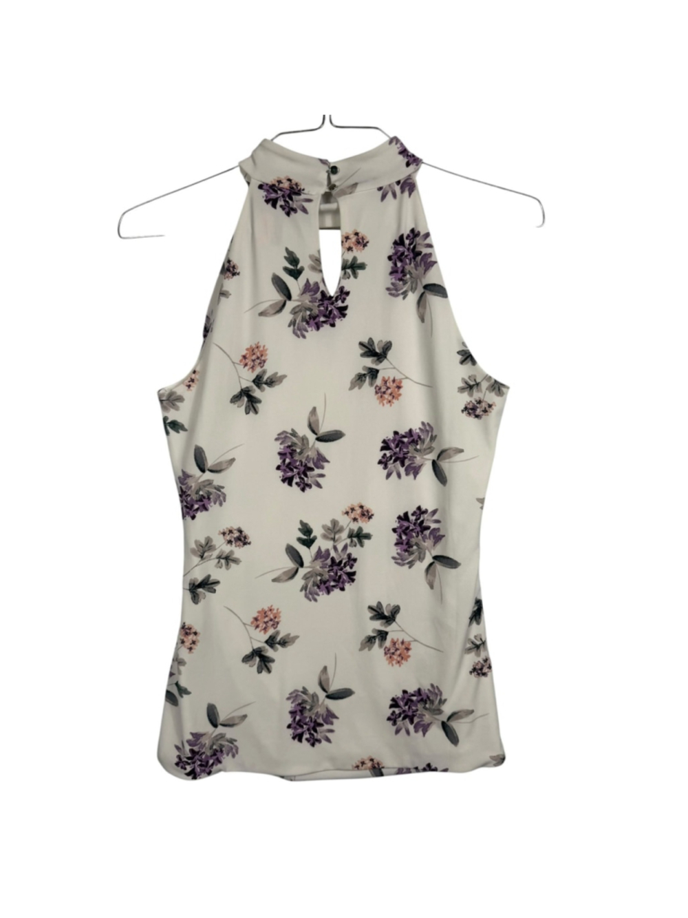 White House Black Market Top White Purple Floral Side Cinched Women Small - Picture 4 of 10